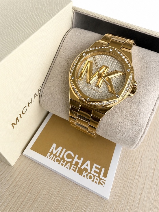 BRAND NEW Michael Kors Lennox Pavé Logo Gold-Tone Logo Watch MK7229